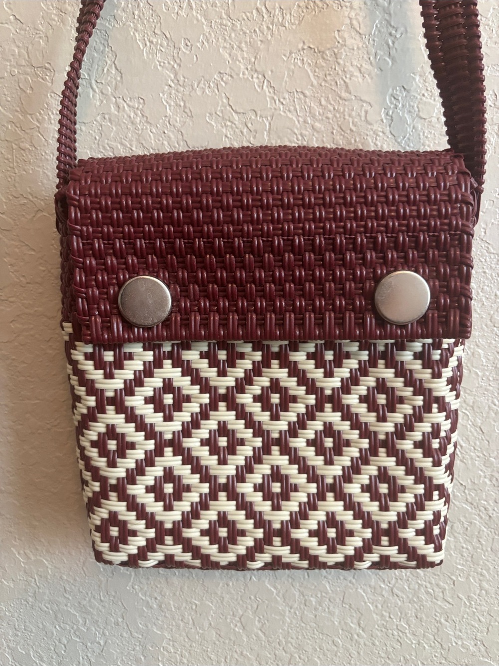 Woven Crossbody Bag in Burgundy and Cream